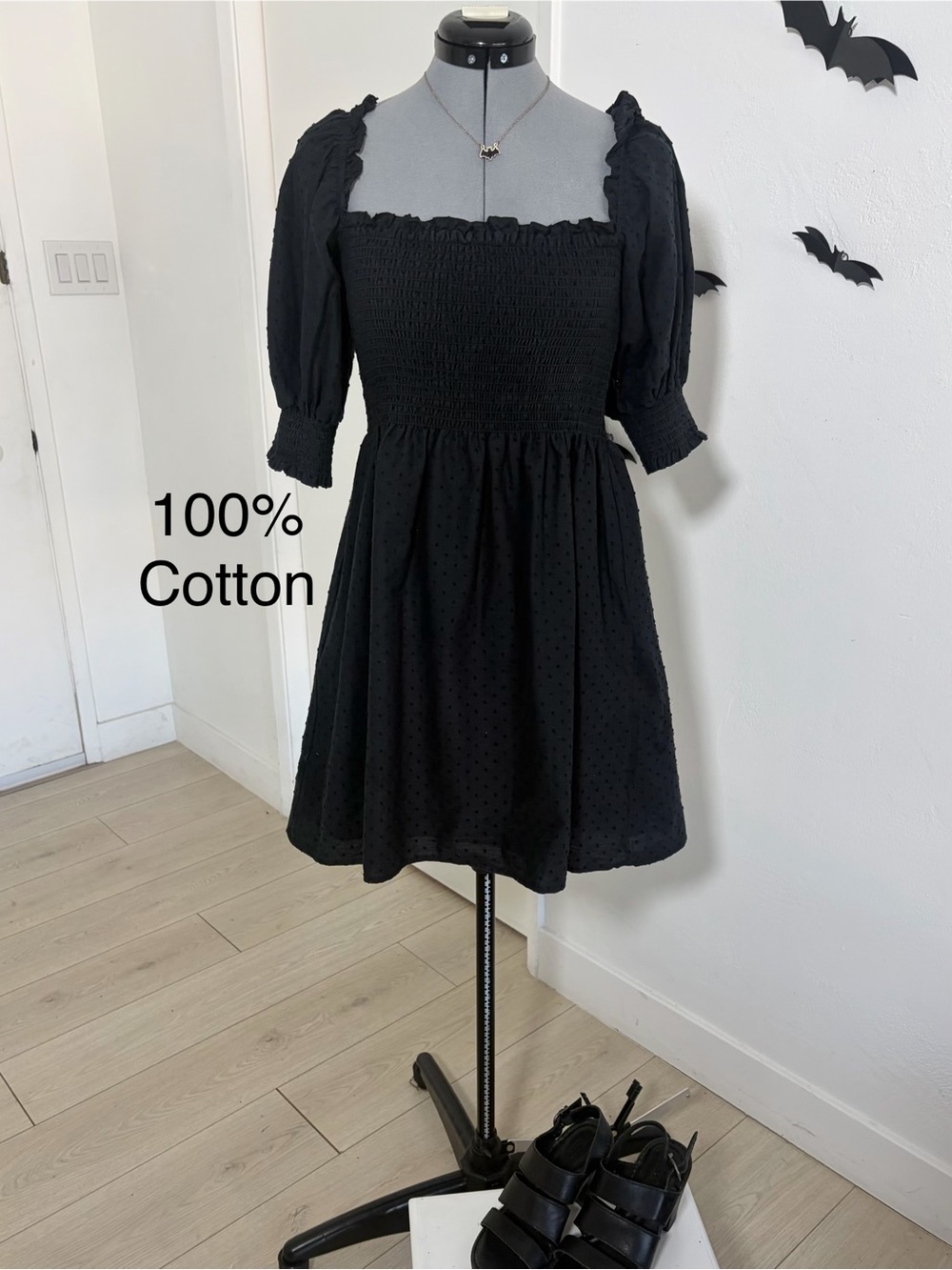 Kourt Black Cotton Swiss Dot Smocked Dress Size S